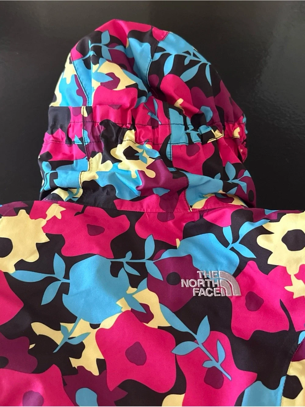 The North Face Girls Floral Hooded Puffer Jacket - Pink Blue Yellow Black 2T